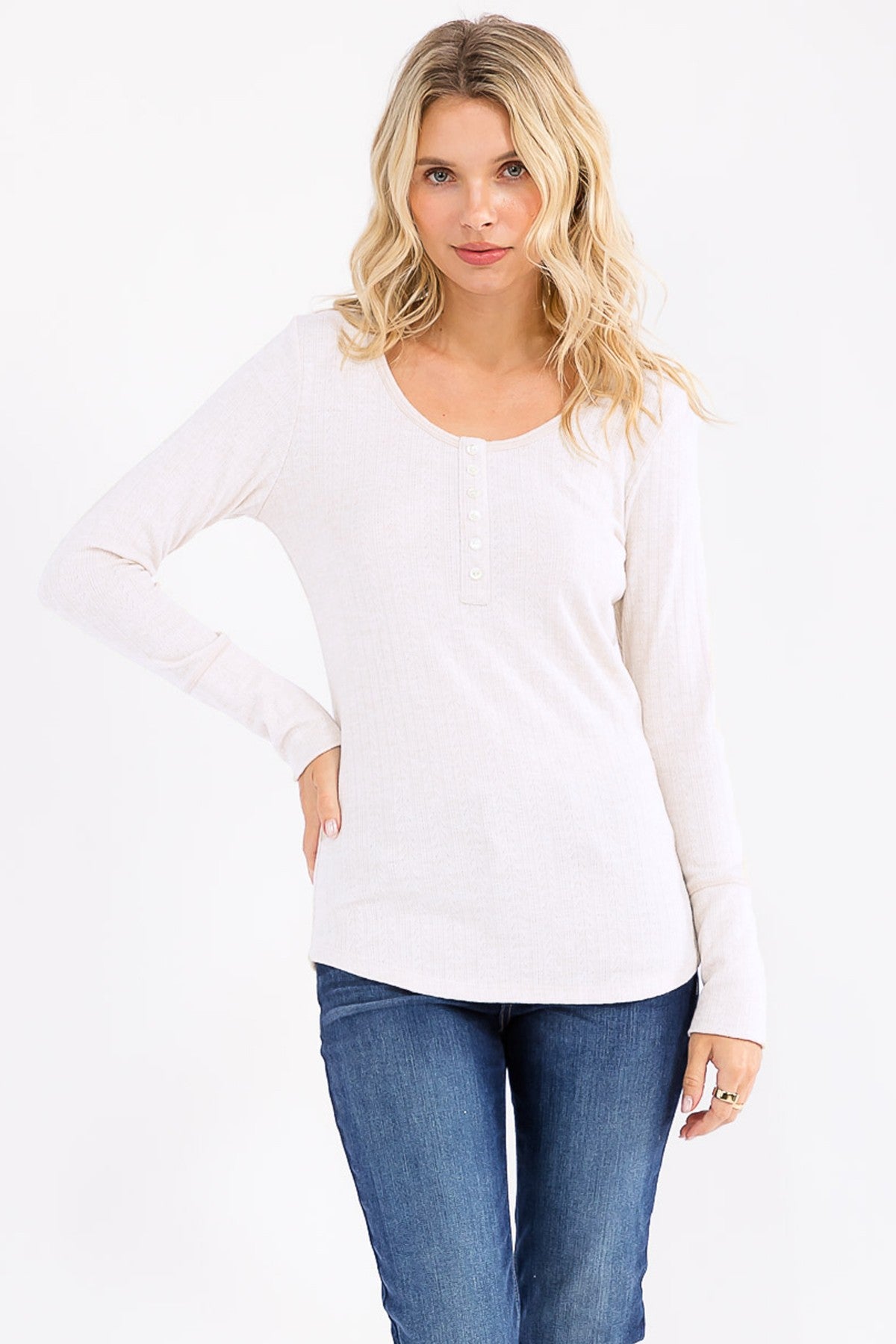 White Pointelle Knit Henley Top