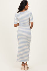 Cream/ Blue Striped Knit Short Sleeve Maternity Maxi Dress