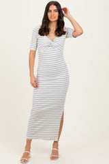 Cream/ Blue Striped Knit Short Sleeve Maternity Maxi Dress
