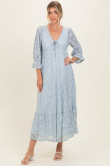 Light Blue Floral Lace 3/4 Ruffle Sleeve V-Neck Maternity Maxi Dress