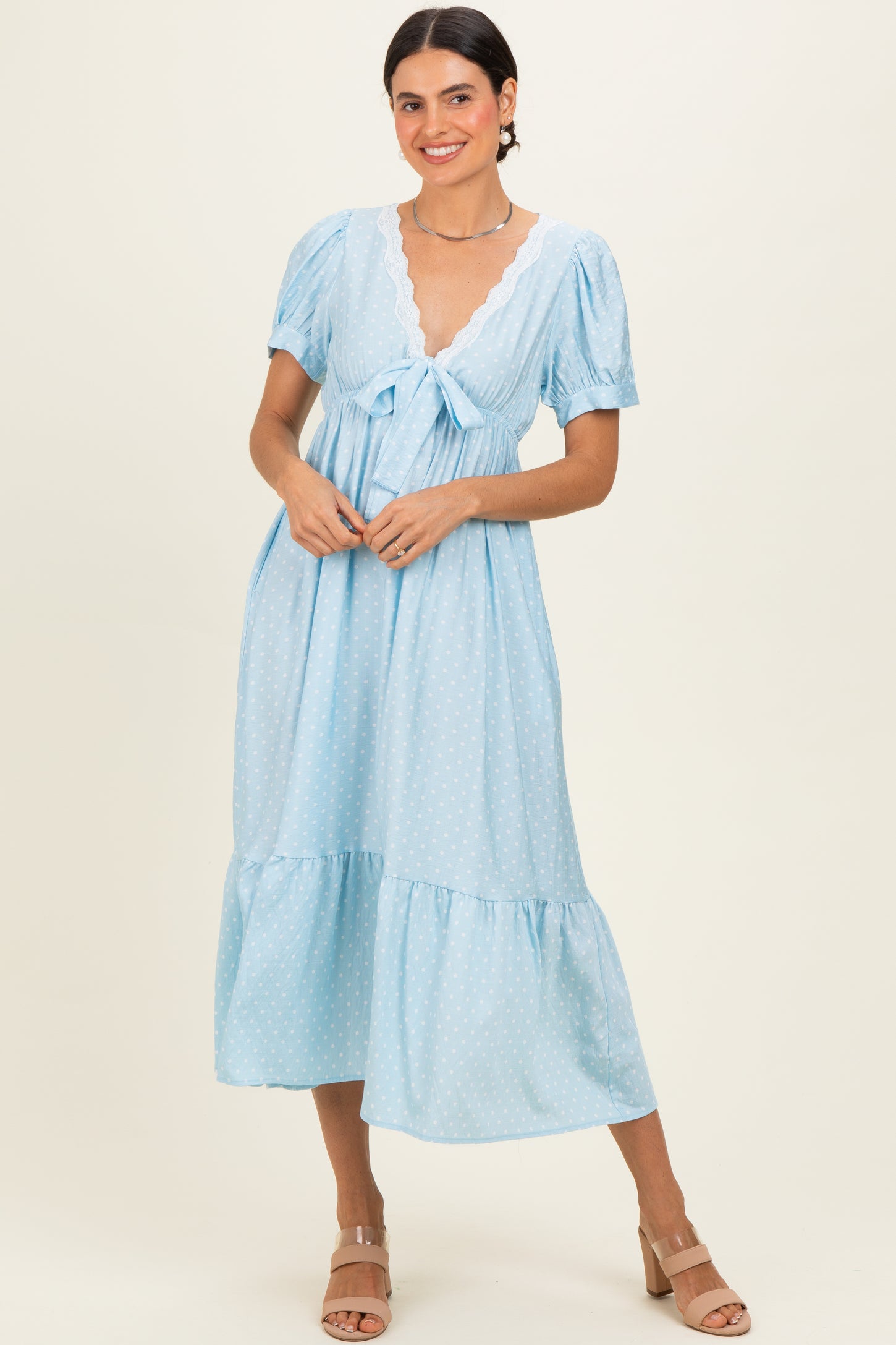 Light Blue Polka Dot Short Sleeve Lace V-Neck Ruffle Hem Maxi Dress