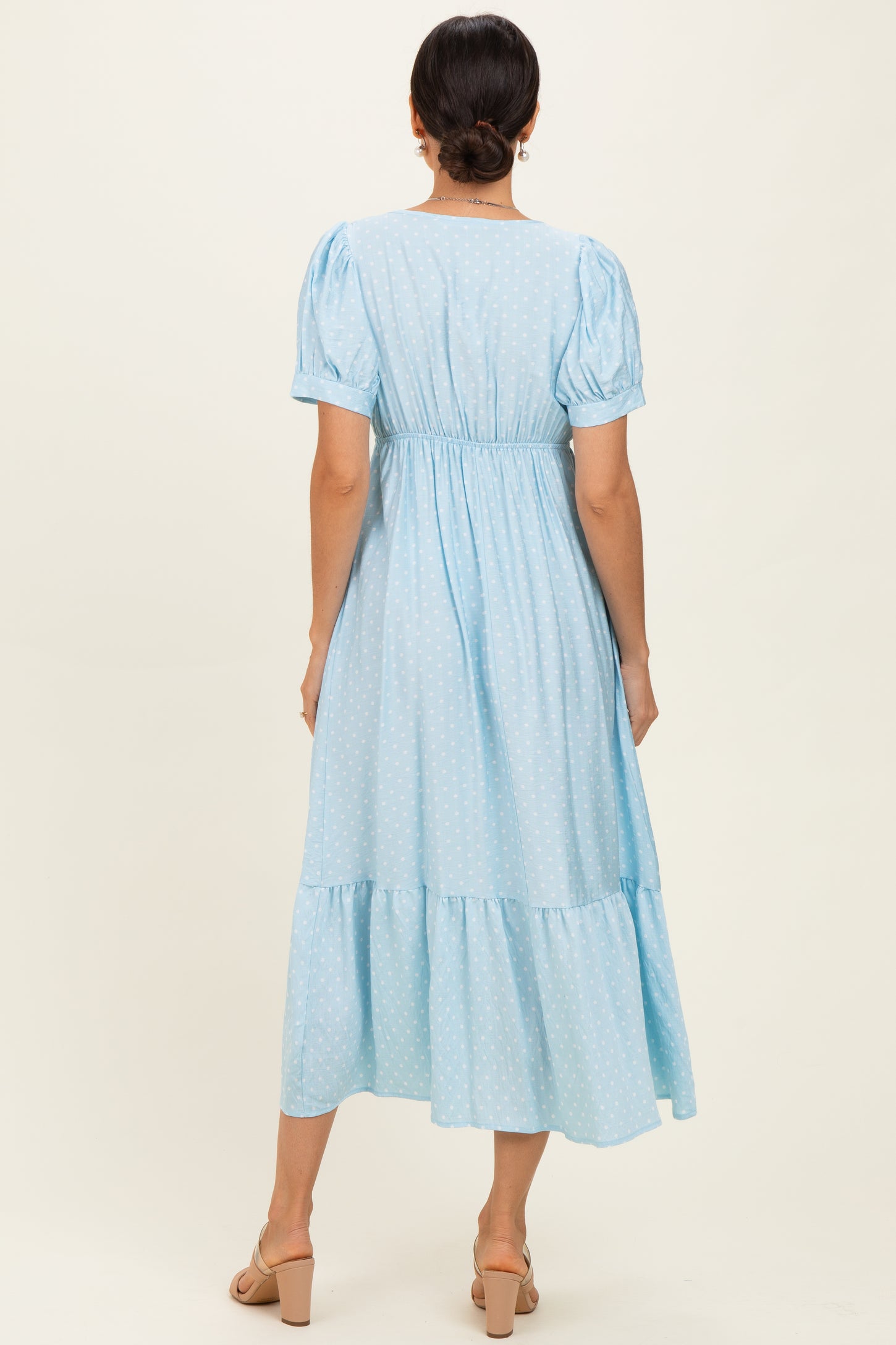 Light Blue Polka Dot Short Sleeve Lace V-Neck Ruffle Hem Maxi Dress