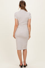 Cream/ Taupe Striped Short Sleeve Collared V-Neck Fitted Maternity Midi Dress