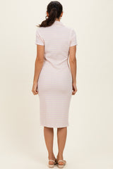 Ivory/ Light Pink Striped Short Sleeve Collared V-Neck Fitted Midi Dress