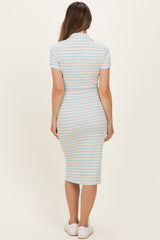 Ivory/ Blue Striped Short Sleeve Collared V-Neck Fitted Maternity Midi Dress