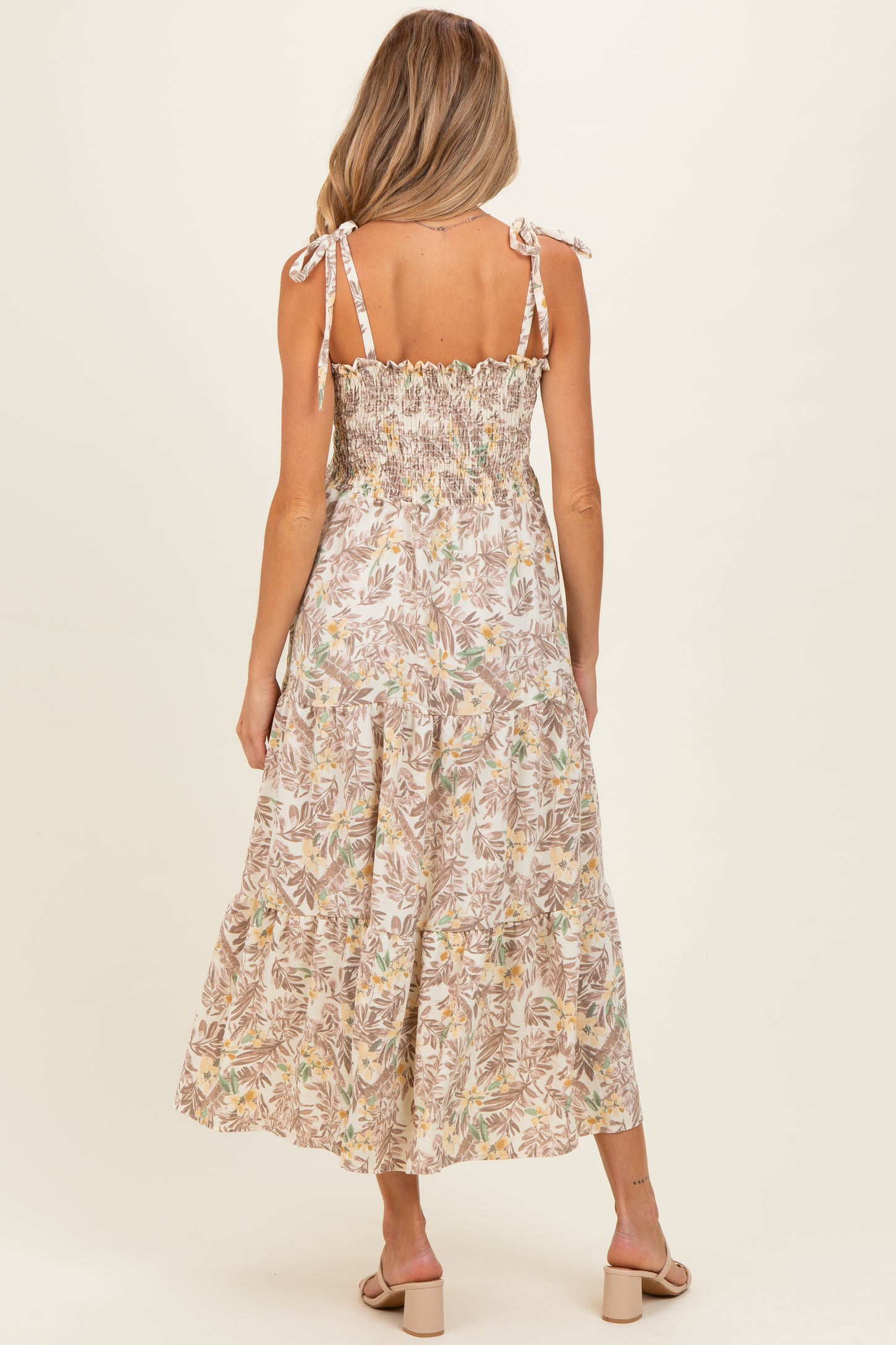 Ivory/ Mustard Vintage Floral Sleeveless Tiered Maternity Maxi Dress