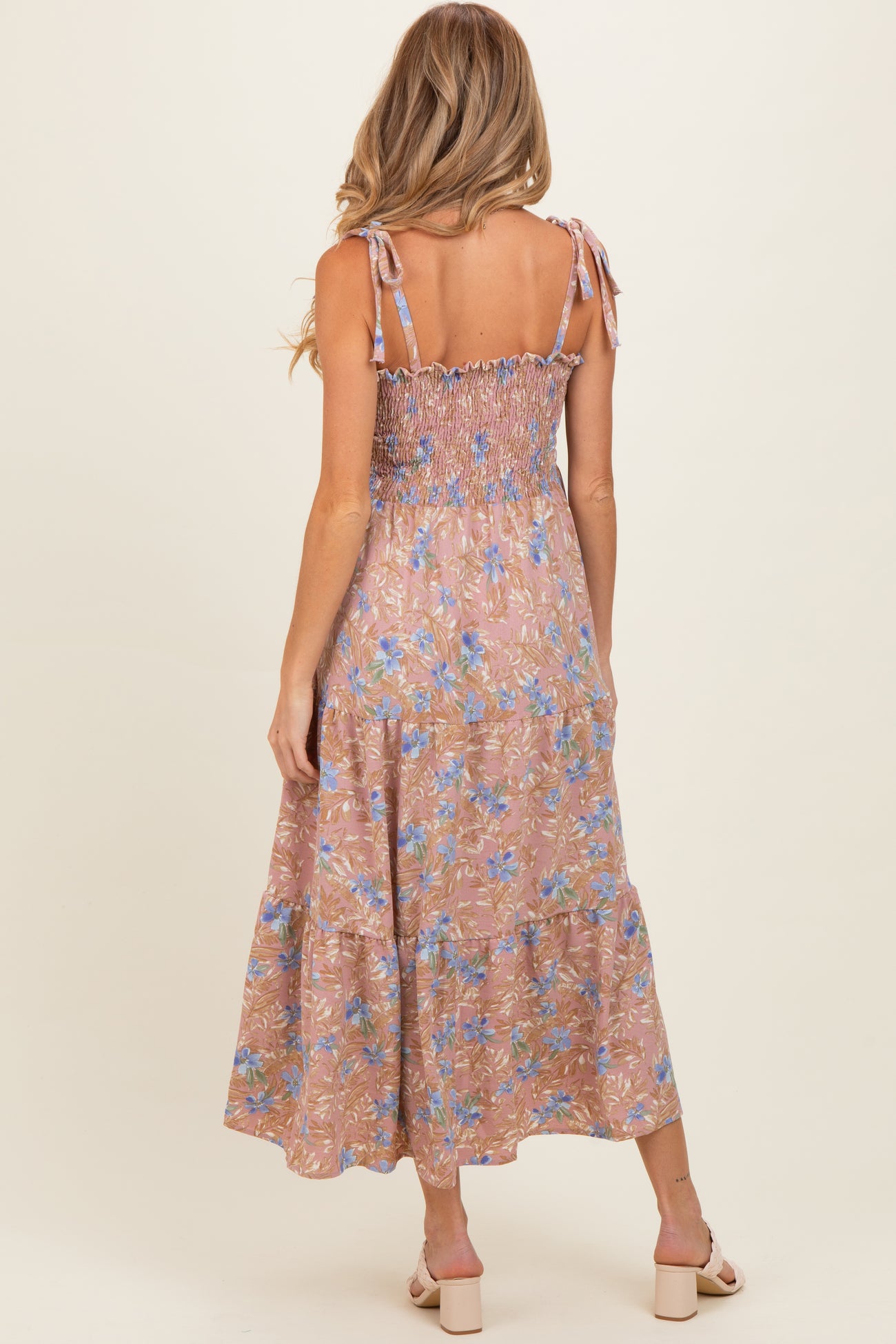 Mauve/ Blue Vintage Floral Sleeveless Tiered Maternity Maxi Dress