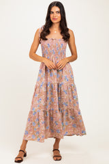 Mauve/ Blue Vintage Floral Sleeveless Tiered Maxi Dress
