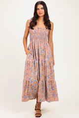 Mauve/ Blue Vintage Floral Sleeveless Tiered Maxi Dress