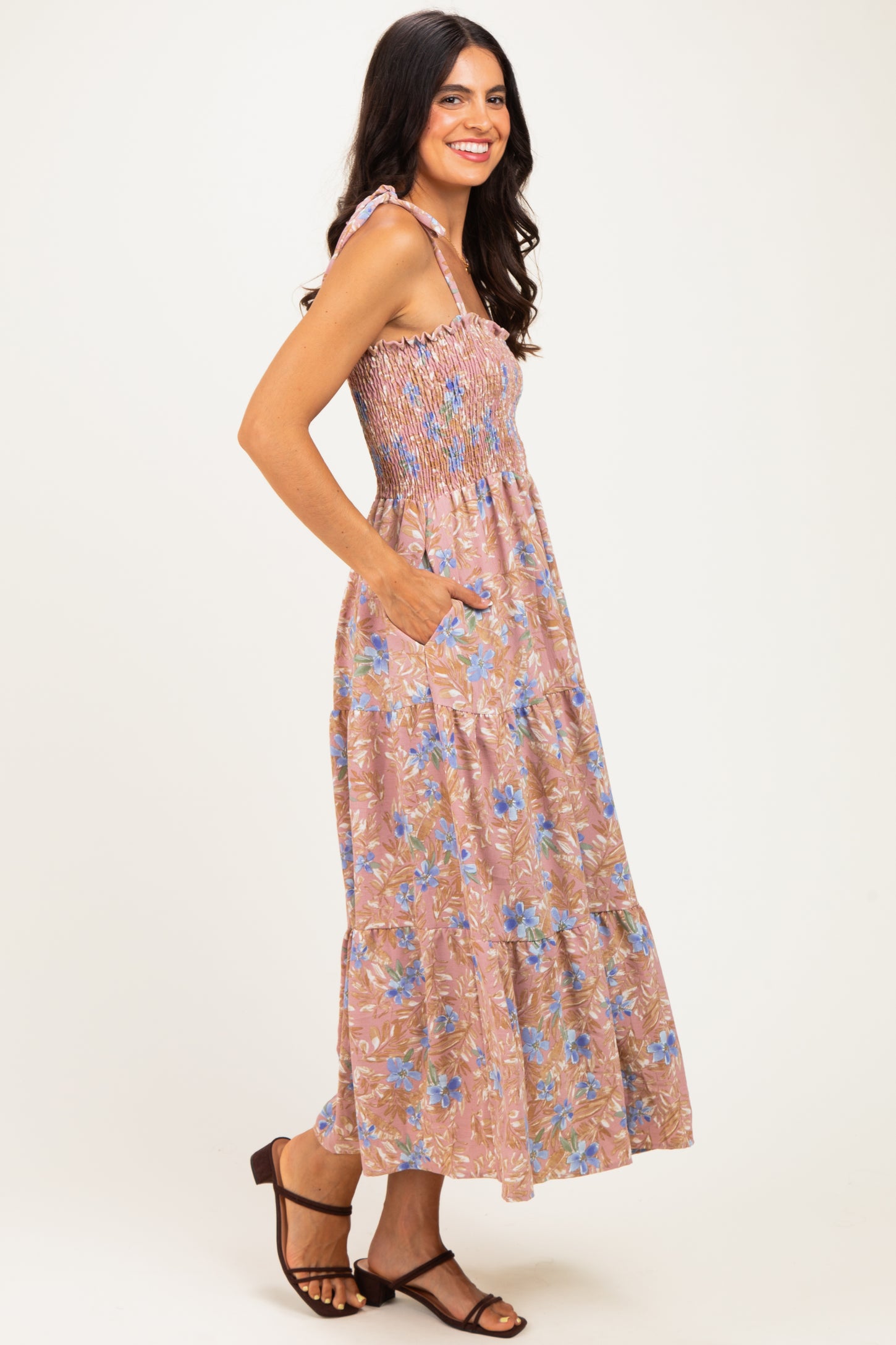 Mauve/ Blue Vintage Floral Sleeveless Tiered Maxi Dress
