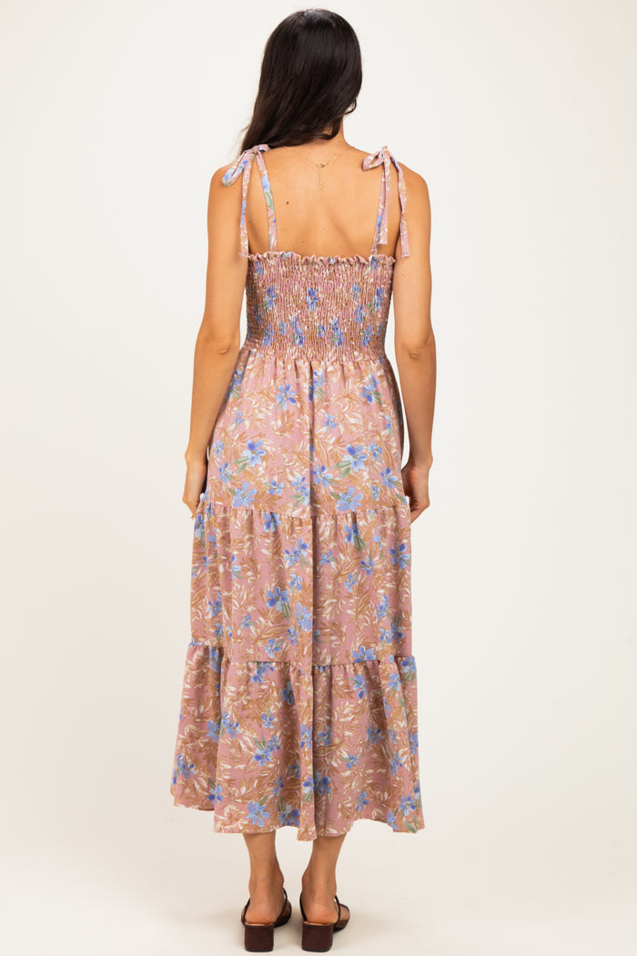 Mauve/ Blue Vintage Floral Sleeveless Tiered Maxi Dress