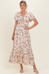Beige Vintage Floral Short Sleeve V-Neck Tiered Maxi Dress