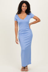 Blue Basic Ribbed Side Slit Maternity Midi Dress