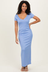 Blue Basic Ribbed Side Slit Midi Dress