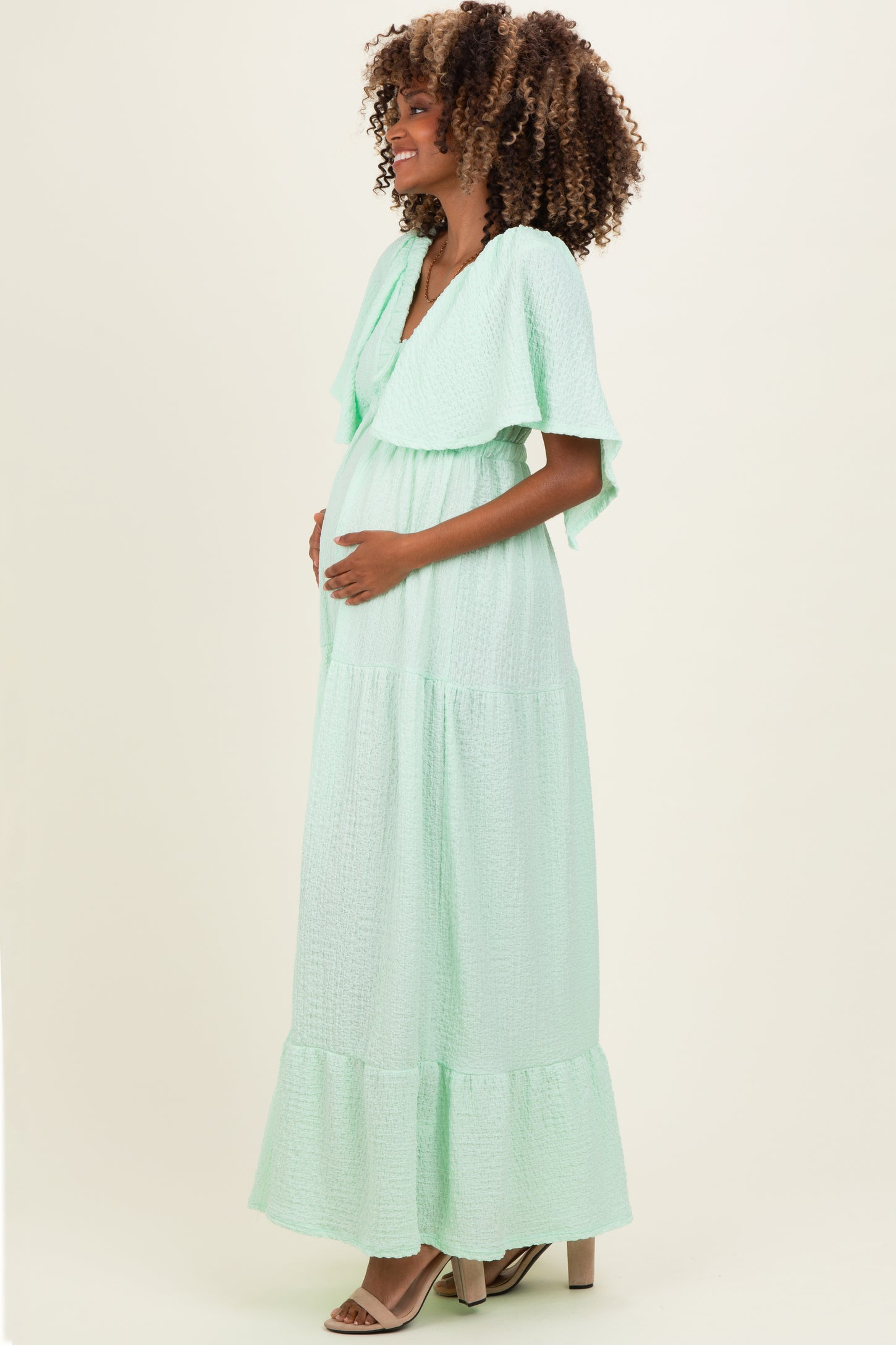 Sage Woven Textured Flutter Sleeve V-Neck Tiered Maternity Maxi Dress