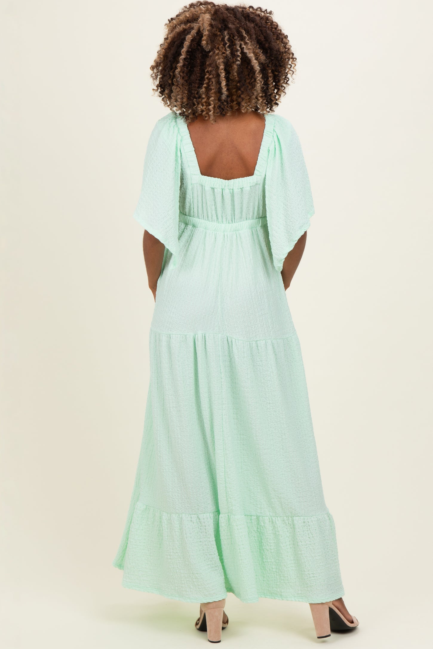 Sage Woven Textured Flutter Sleeve V-Neck Tiered Maternity Maxi Dress