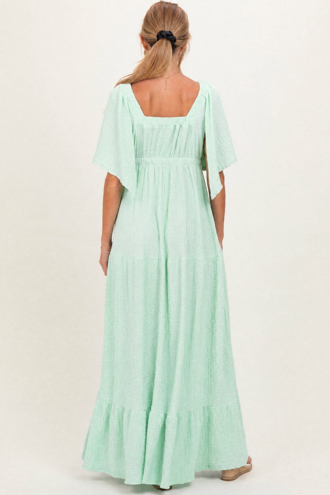 Sage Woven Textured Flutter Sleeve V-Neck Tiered Maternity Maxi Dress