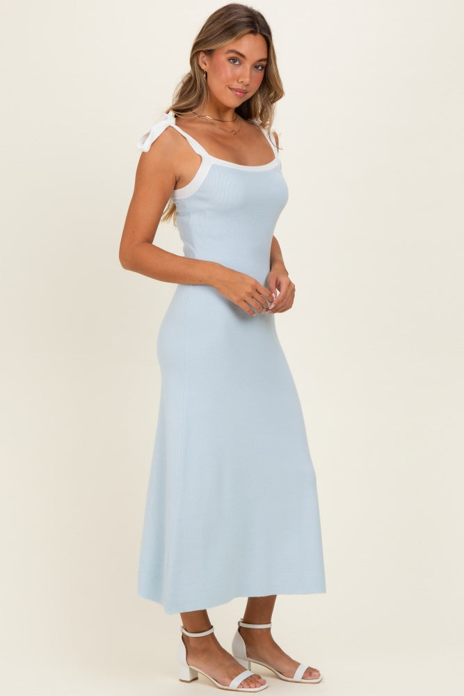 Light Blue Knit Contrast Shoulder Tie Dress