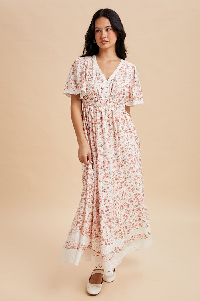 Pink Floral Lace Trim Flutter Sleeve Maxi Dress
