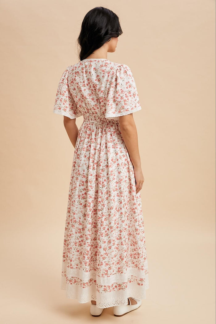 Pink Floral Lace Trim Flutter Sleeve Maxi Dress