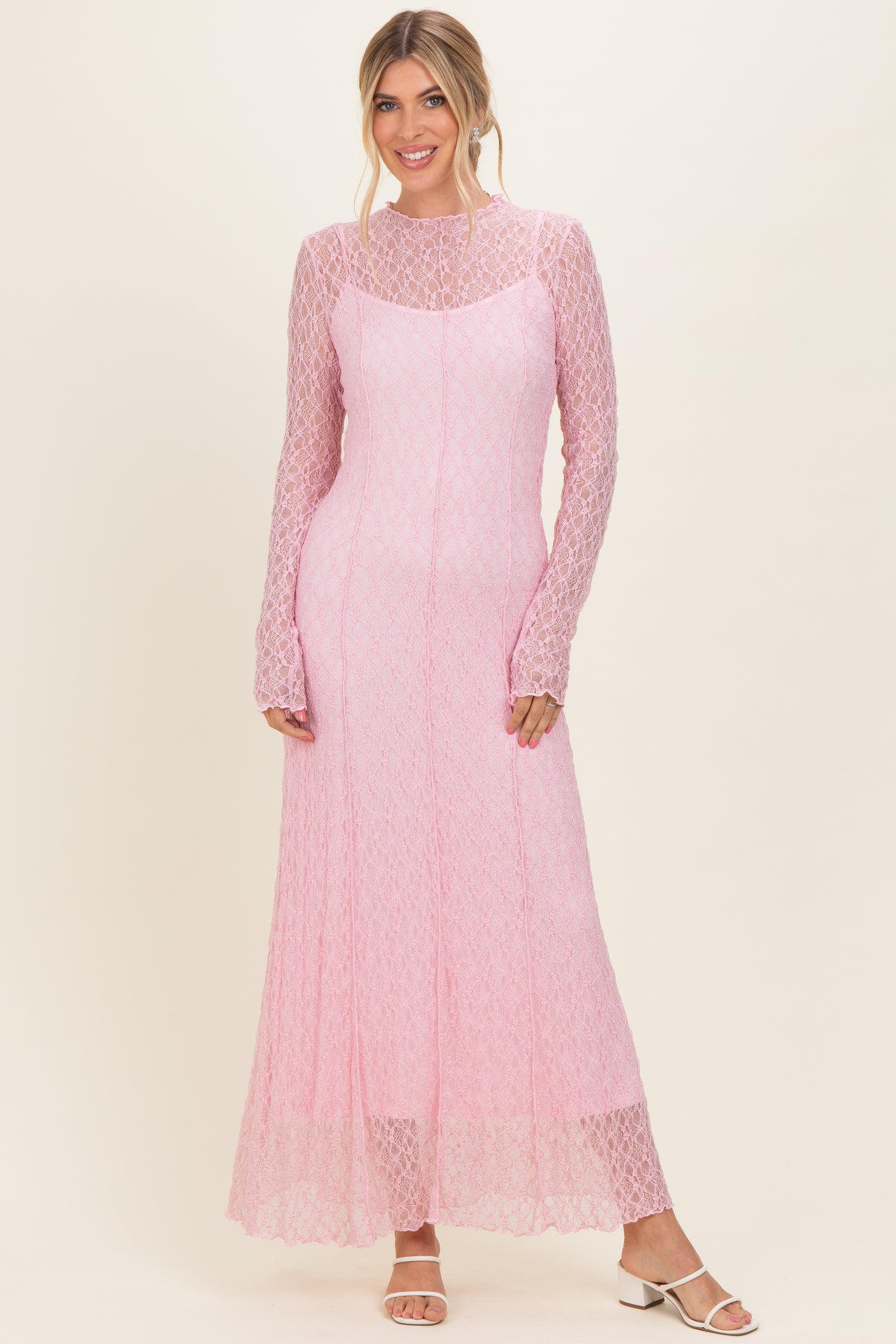 Light Pink Lace Mock Neck Long Sleeve Maxi Dress