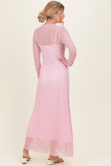 Light Pink Lace Mock Neck Long Sleeve Maxi Dress