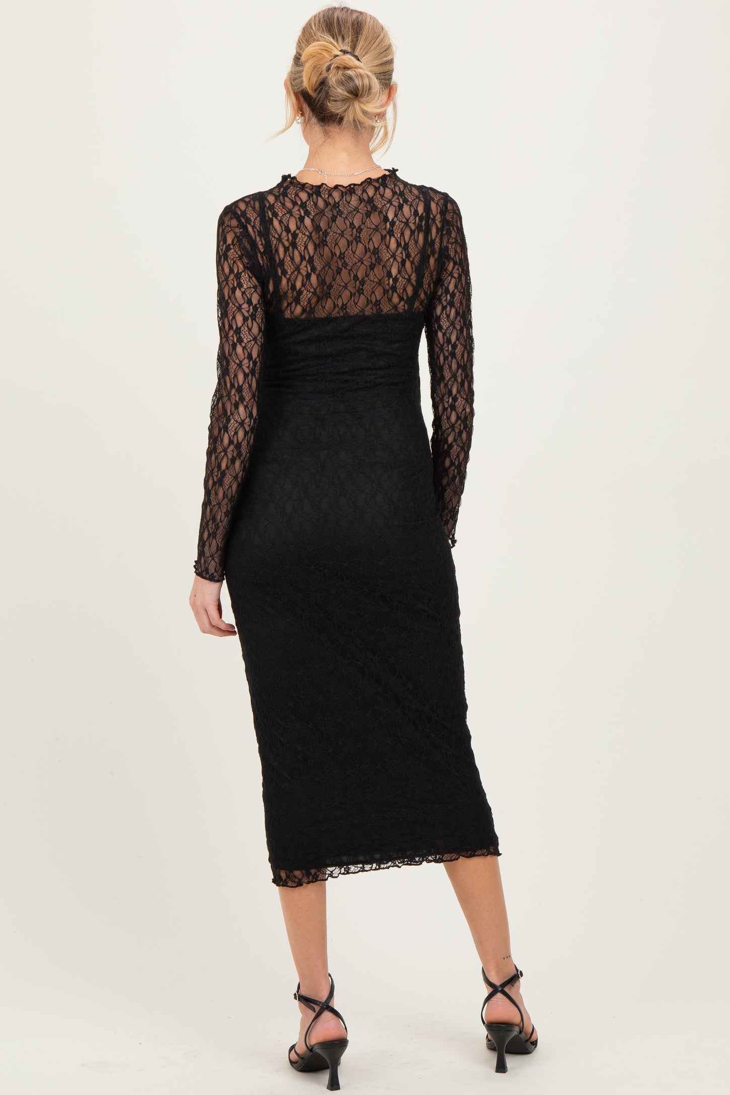 Black Lace Overlay Fitted Maternity Midi Dress