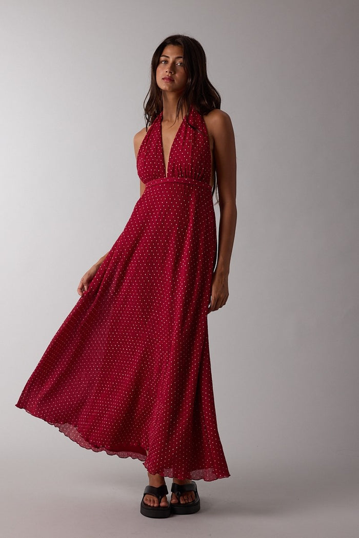 Red Polka Dot Halter Tie Open Back Maternity Maxi Dress