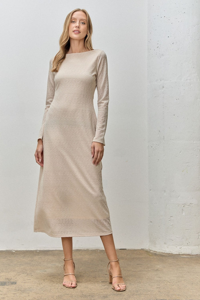 Beige Lace Jacquard Long Sleeve Midi Dress