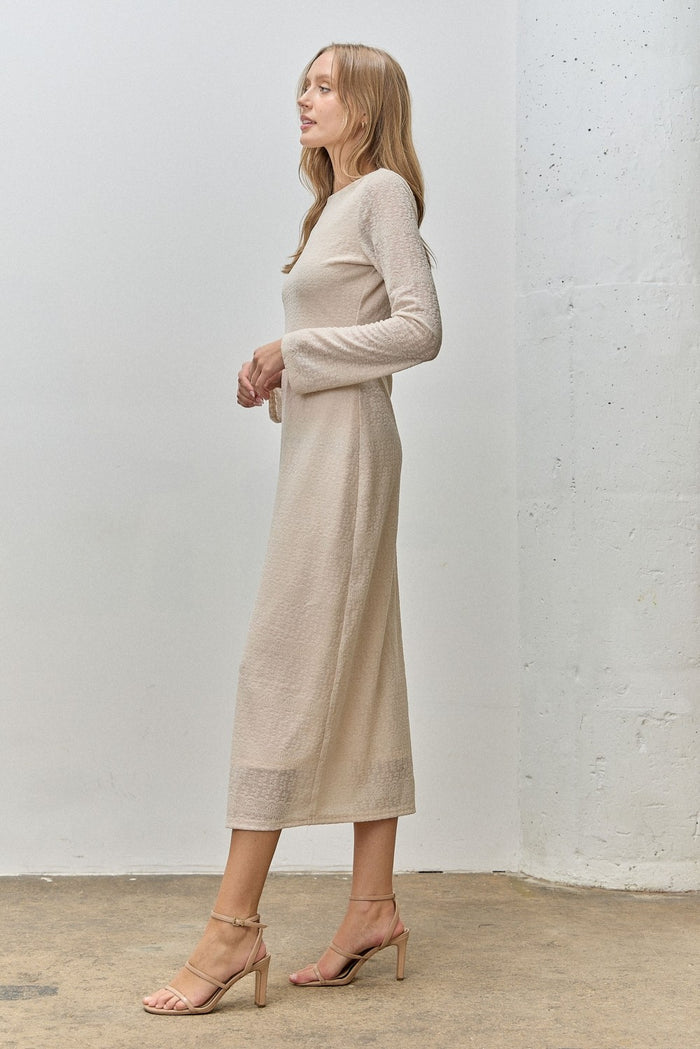 Beige Lace Jacquard Long Sleeve Midi Dress
