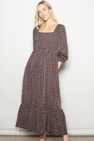 Chestnut Brown Floral 3/4 Sleeve Maxi Dress