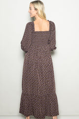 Chestnut Brown Floral 3/4 Sleeve Maxi Dress