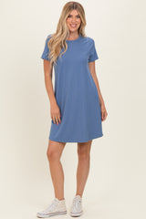 Blue Ribbed Knit Basic Short Sleeve Maternity T-Shirt Dress