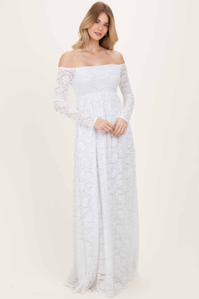 White Floral Lace Long Sleeve Off Shoulder Maternity Maxi Dress