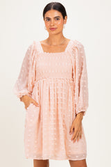 Peach Textured Dot Smocked Square Neck Chiffon Dress
