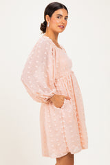 Peach Textured Dot Smocked Square Neck Chiffon Dress