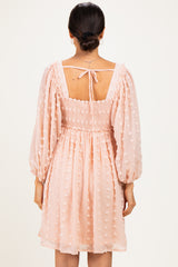 Peach Textured Dot Smocked Square Neck Chiffon Dress