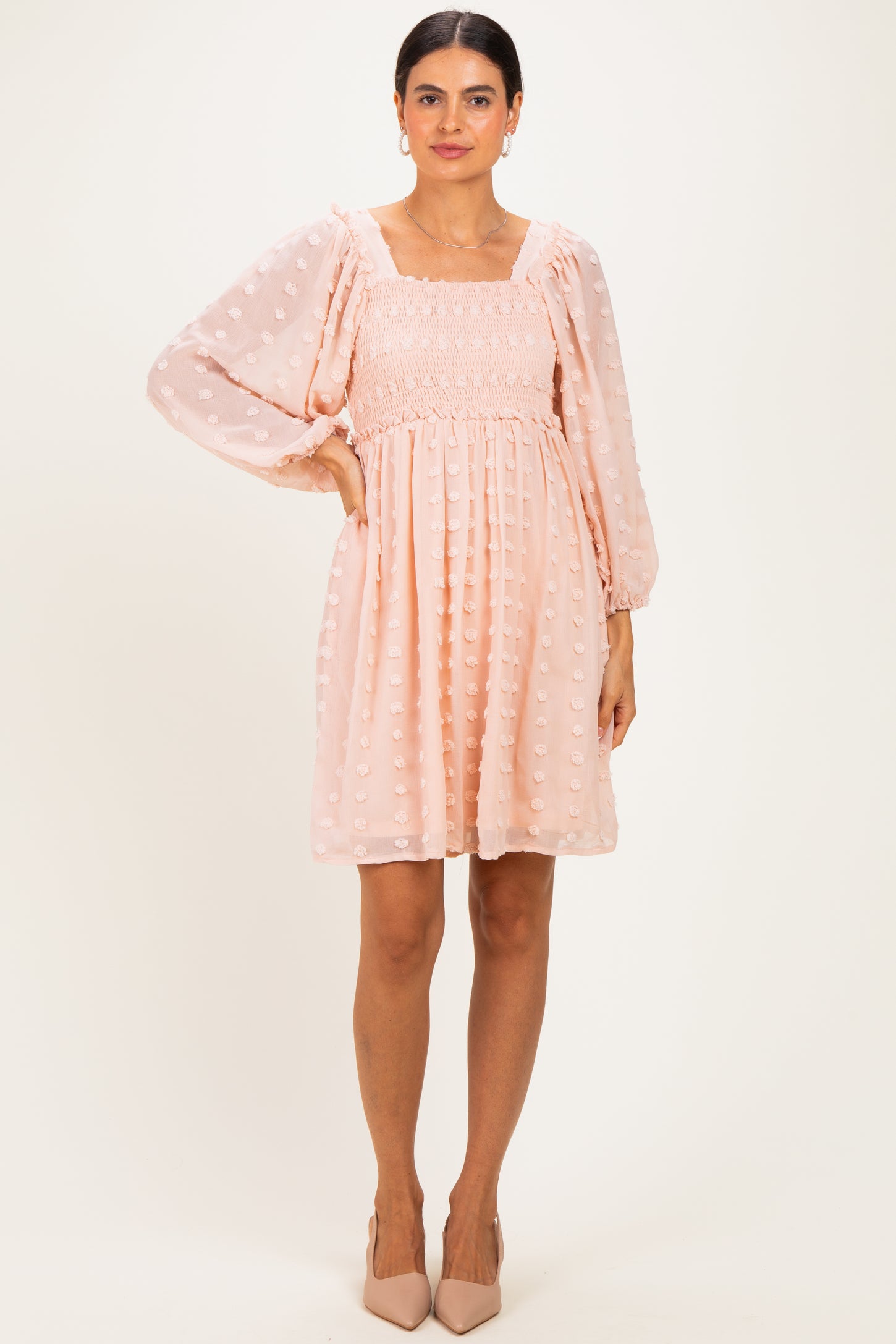 Peach Textured Dot Smocked Square Neck Chiffon Dress