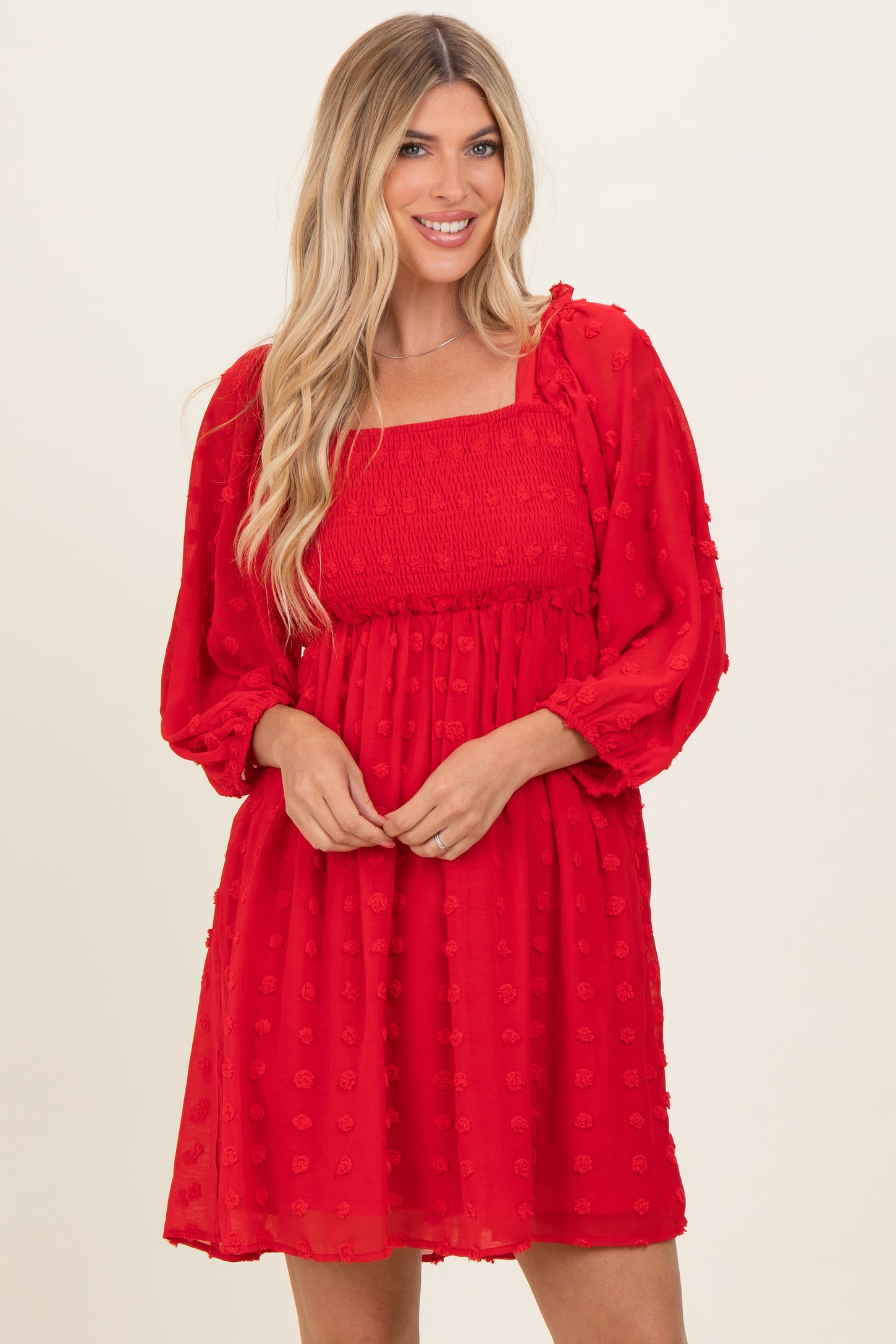 Red Textured Dot Smocked Square Neck Chiffon Maternity Dress