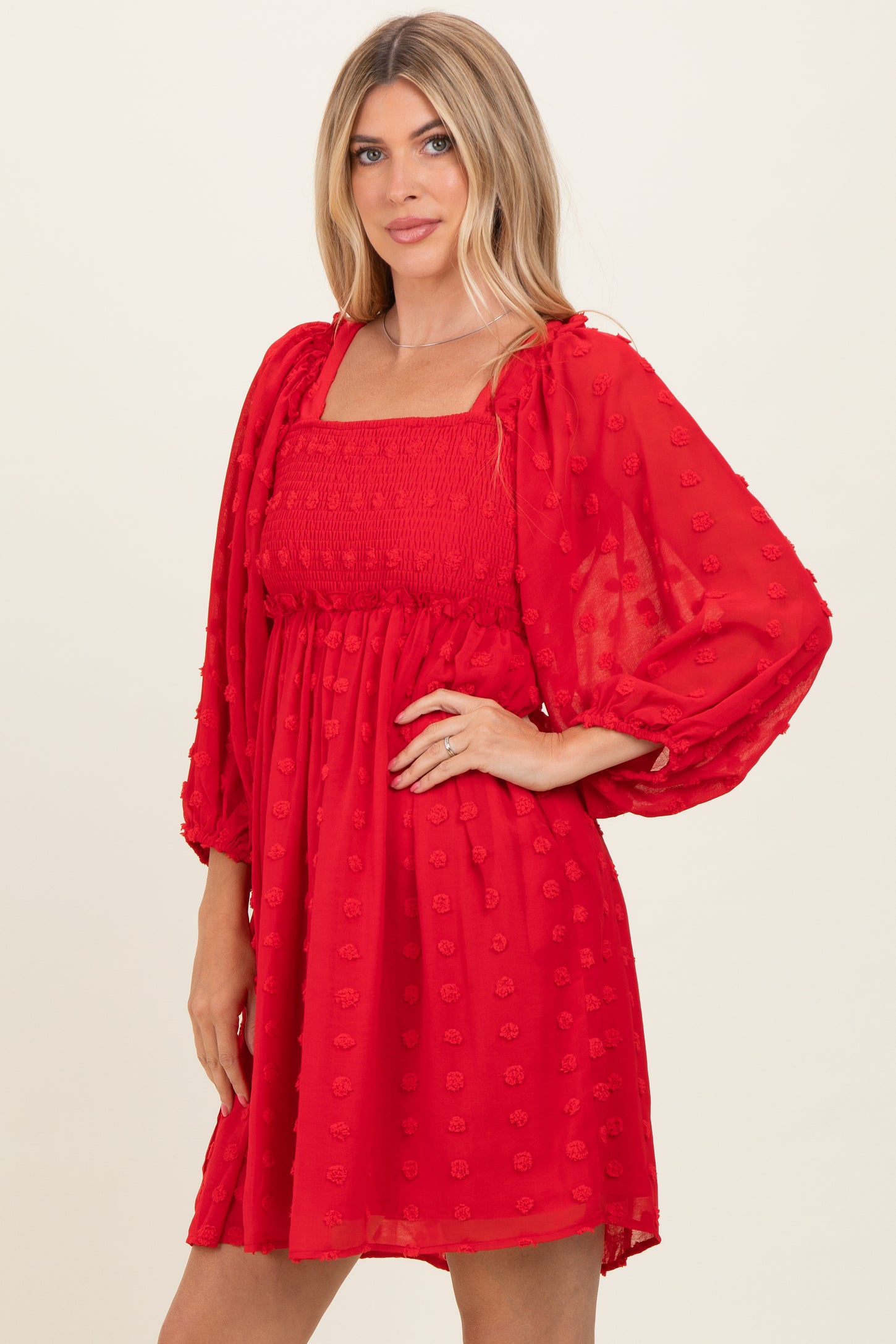 Red Textured Dot Smocked Square Neck Chiffon Dress