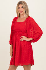 Red Textured Dot Smocked Square Neck Chiffon Dress