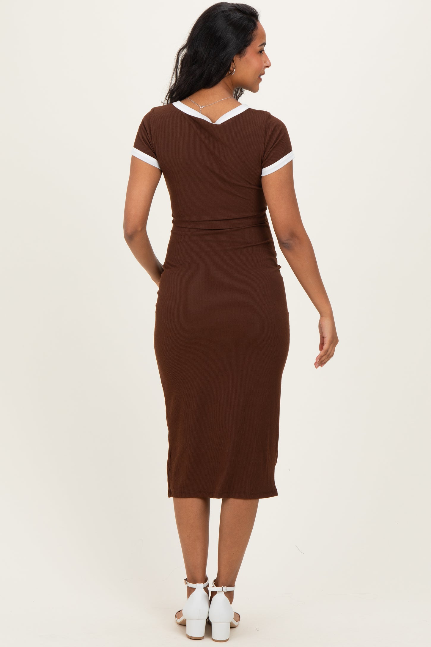 Brown Colorblock Trim Maternity Midi Dress