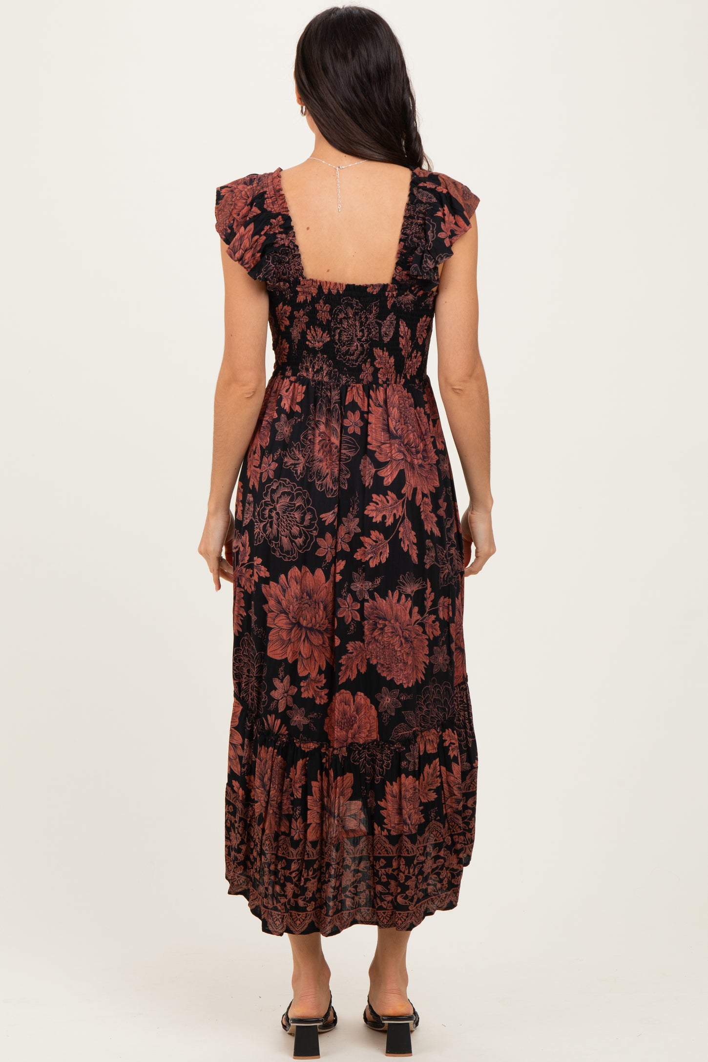 Black Floral Smocked Flutter Sleeve Midi Dress