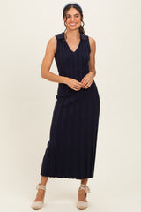 Navy Knit Collared Sleeveless Maxi Dress