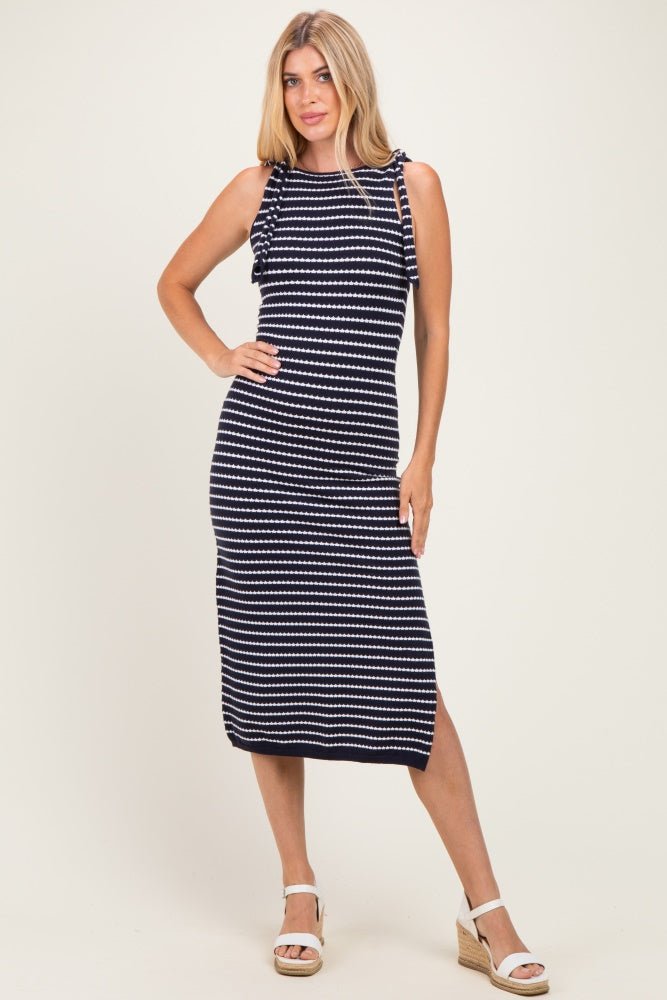 Oatmeal Striped Knit Shoulder Tie Maternity Maxi Dress