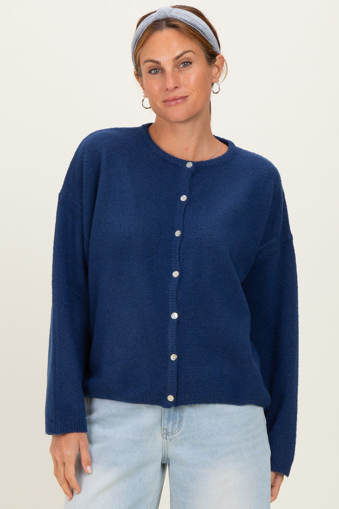 Navy Classic Crew Neck Maternity Button Cardigan