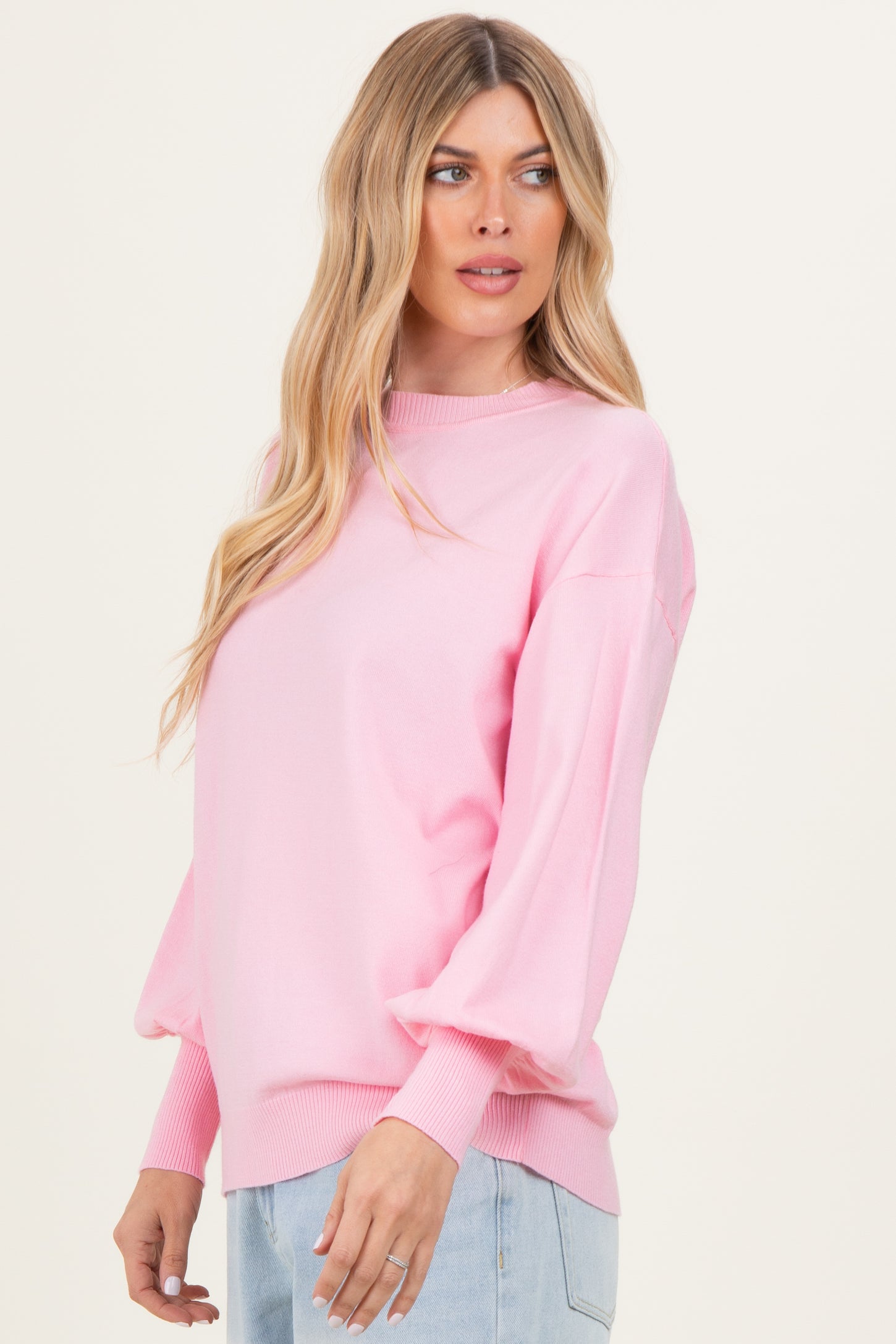 Light Pink Fine Knit Balloon Sleeve Maternity Sweater