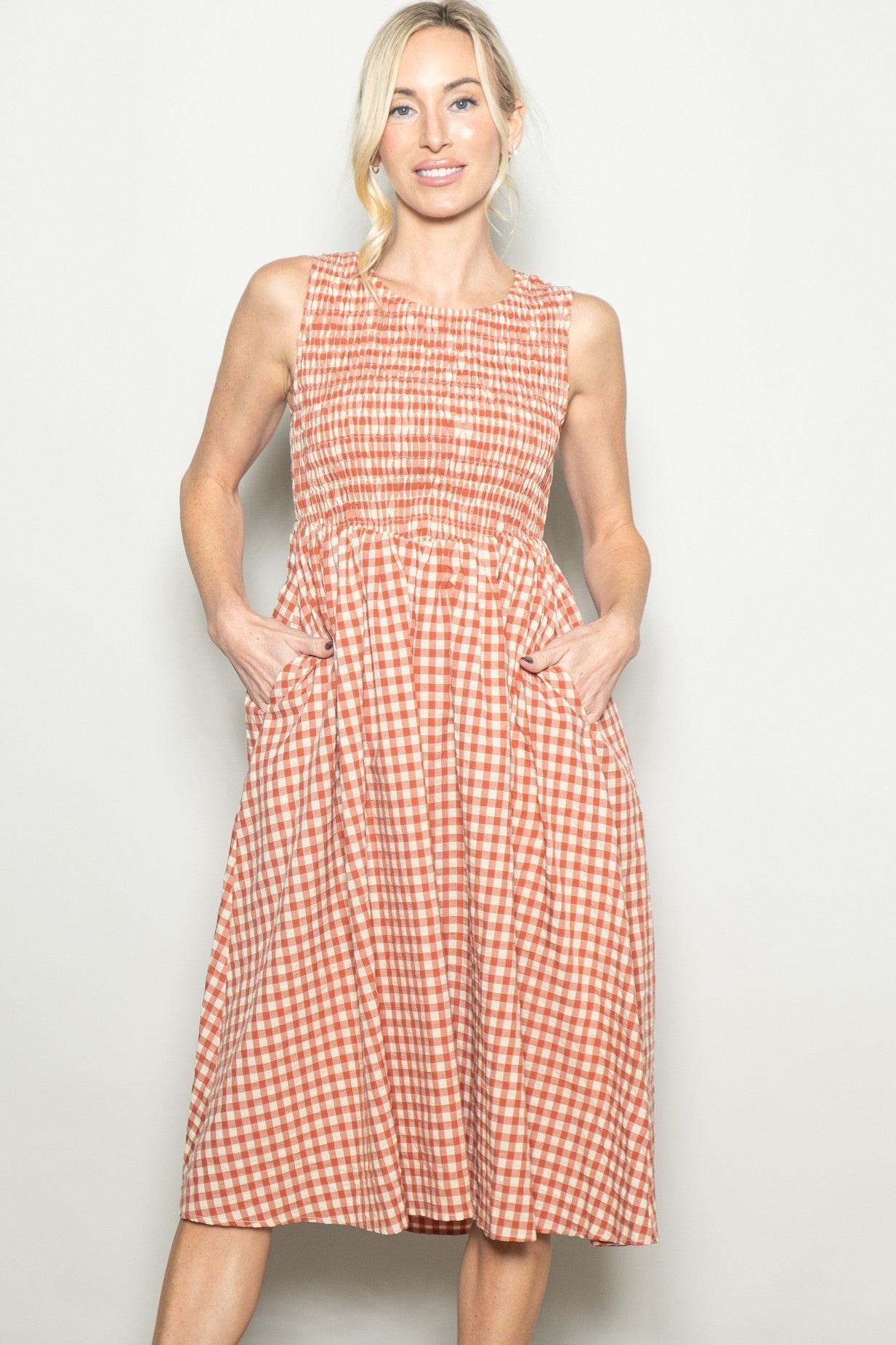 Red Gingham Smocked Sleeveless Midi Dress