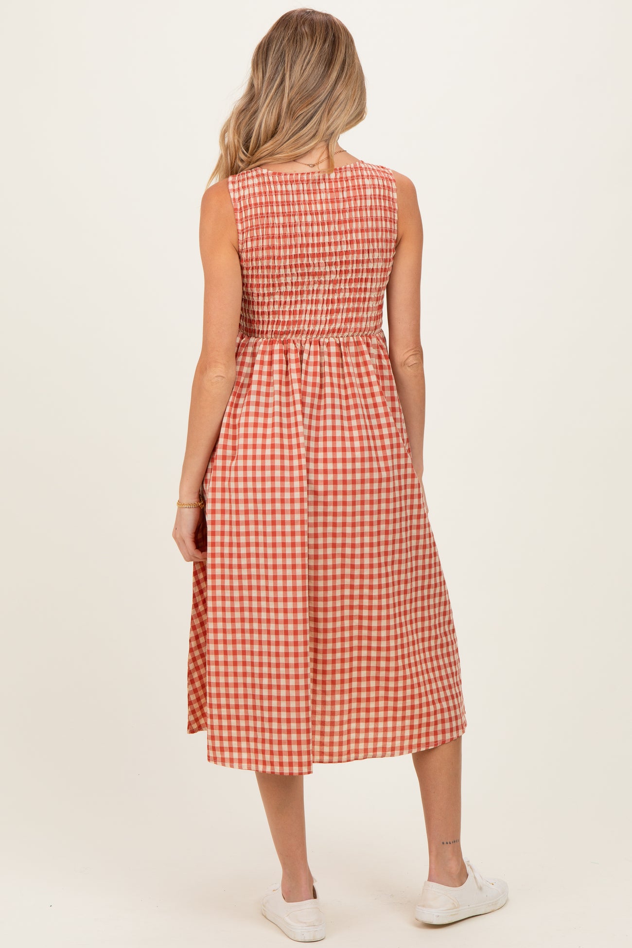 Red Gingham Smocked Sleeveless Maternity Midi Dress