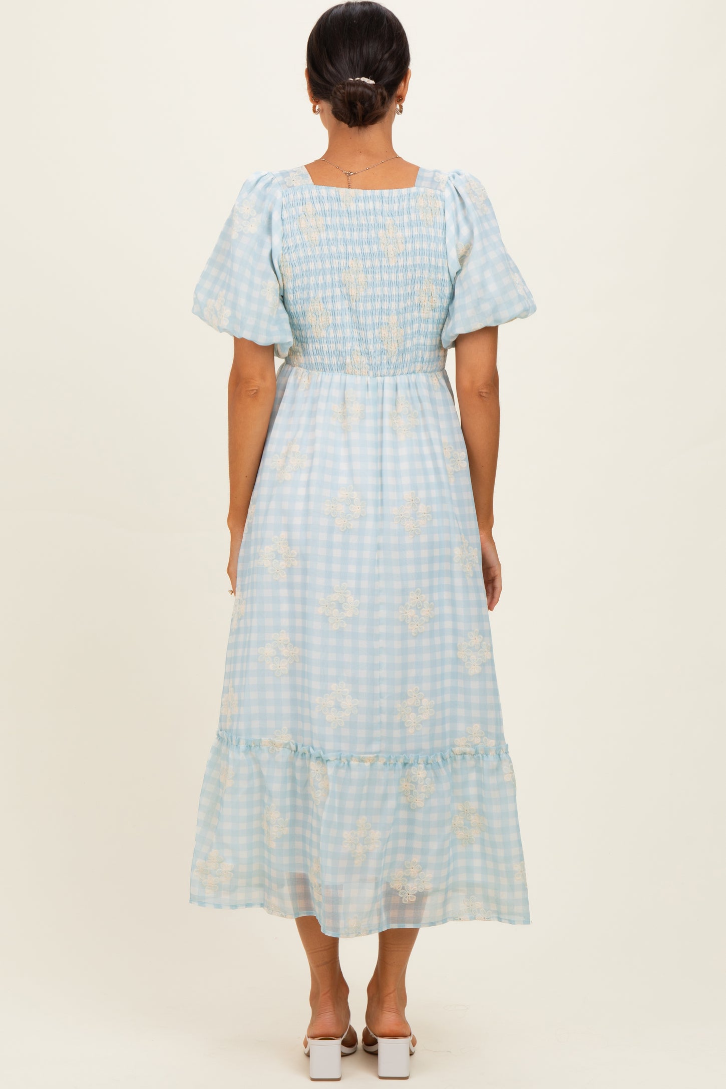 Light Blue Gingham Pleated Square Neck Midi Dress